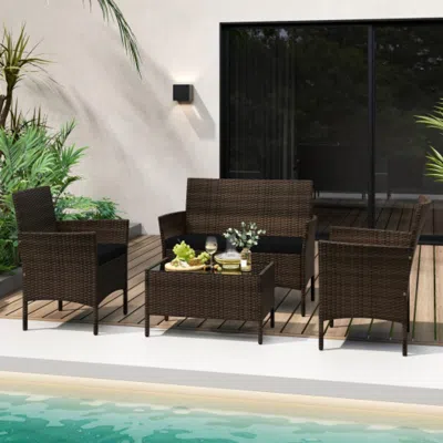 Hivvago 4 Piece Patio Rattan Conversation Set With Cozy Seat Cushions-navy In Brown