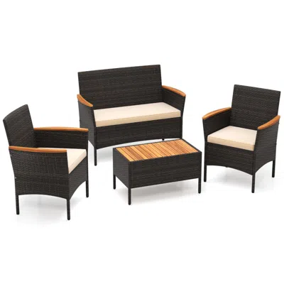 Hivvago 4 Piece Patio Wicker Sofa Set 2 Rattan Chairs And Loveseat With Table-brown