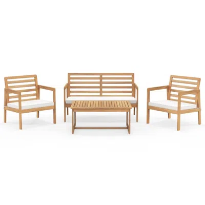Hivvago 4 Piece Wood Patio Conversation Set With 2 Armchairs And Coffee Table-white In Brown