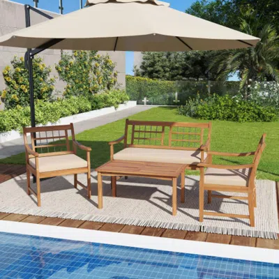 Hivvago 4 Piece Wood Patio Furniture With Armchairs Loveseat And Coffee Table-off White