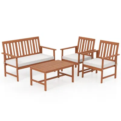 Hivvago 4 Pieces Acacia Wood Furniture Set With Seat Cushions And Robust Wood Frame-white In Brown
