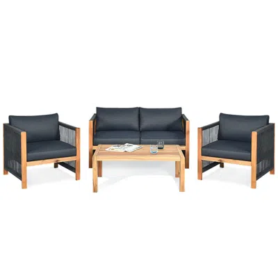 Hivvago 4 Pieces Acacia Wood Outdoor Patio Furniture Set With Cushions In Blue