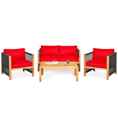 Hivvago 4 Pieces Acacia Wood Outdoor Patio Furniture Set With Cushions In Red