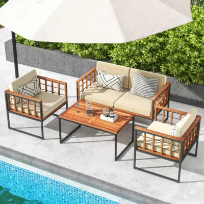 Hivvago 4 Pieces Acacia Wood Outdoor Sofa Set For Balcony Porch Backyard Poolside In Brown