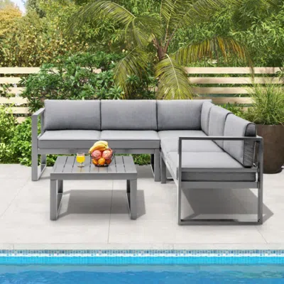 Hivvago 4 Pieces Aluminum Patio Furniture Set With Thick Seat And Back Cushions-gray In Brown