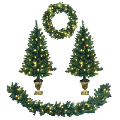 Hivvago 4 Pieces Christmas Decoration Set With Garland Wreath And Entrance Trees In Green
