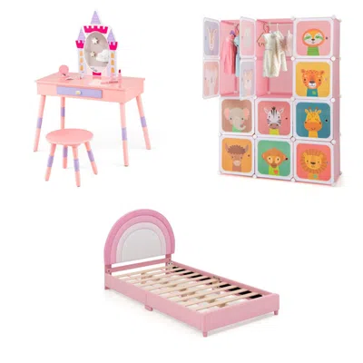 Hivvago 4 Pieces Kids' Room Bundle: Twin Bed Frame Wardrobe Closet Vanity Table And Stool Set