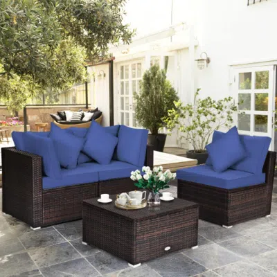 Hivvago 4 Pieces Ottoman Garden Patio Rattan Wicker Furniture Set With Cushion-gray In Blue