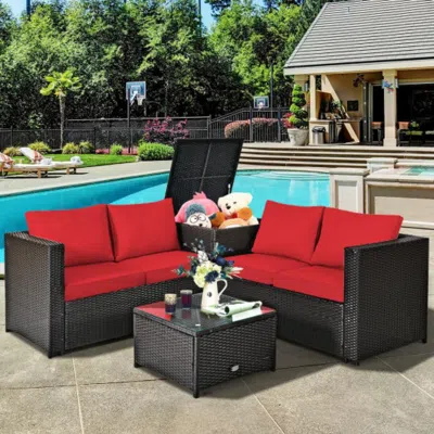 Hivvago 4 Pieces Outdoor Patio Rattan Furniture Set With Cushioned Loveseat And Storage Box-navy In Blue