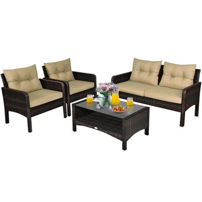Hivvago 4 Pieces Outdoor Rattan Wicker Loveseat Furniture Set With Cushions-coffee