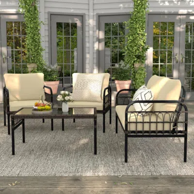 Hivvago 4 Pieces Outdoor Wicker Conversation Bistro Set With Soft Cushions And Tempered Glass Coffee Table-b In Black