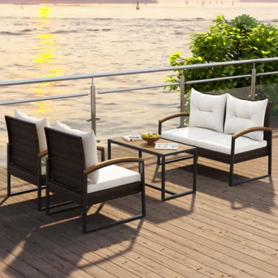 Hivvago 4 Pieces Patio Conversation Set With Acacia Wood Armrests And Tabletop And Cushions-white