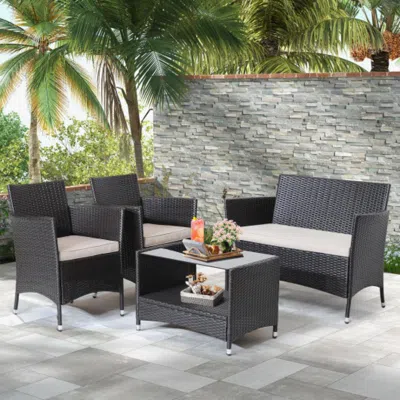 Hivvago 4 Pieces Patio Conversation Set With Soft Cushions And Tempered Glass Tabletop In Brown
