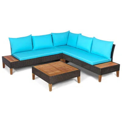 Hivvago 4 Pieces Patio Cushioned Rattan Furniture Set With Wooden Side Table-turquoise In Black