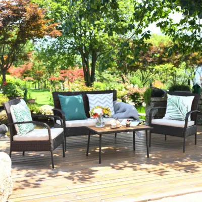 Hivvago 4 Pieces Patio Cushioned Wicker Conversation Set With Acacia Wood Tabletop In Burgundy