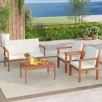 Hivvago 4 Pieces Patio Furniture Set Acacia Wood Porch Chairs With Table-white