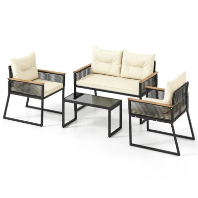 Hivvago 4 Pieces Patio Furniture Set Outdoor Conversation Set With Tempered Glass Coffee Table In Black