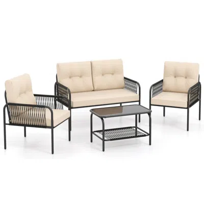 Hivvago 4 Pieces Patio Furniture Set Pe Rattan Sofa Chairs With Loveseat-beige