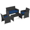 Hivvago 4 Pieces Patio Furniture Set With Tempered Glass Tabletop And Removable Cushion In Black