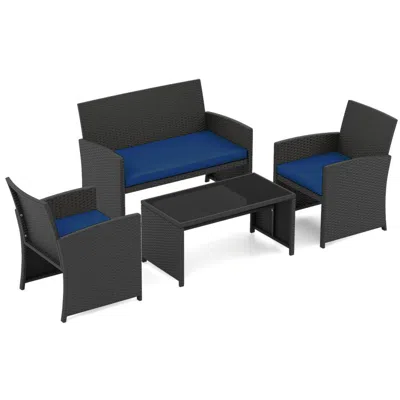 Hivvago 4 Pieces Patio Furniture Set With Tempered Glass Tabletop And Removable Cushion In Black