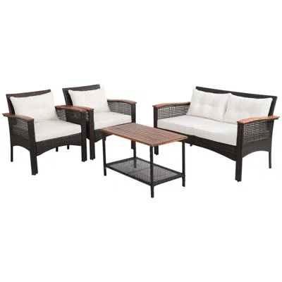 Hivvago 4 Pieces Patio Rattan Acacia Wood Furniture Set With Cushions And Armrest