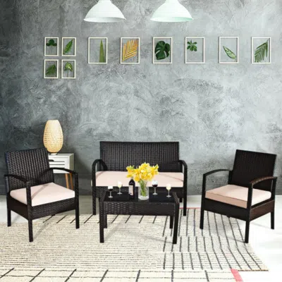 Hivvago 4 Pieces Patio Rattan Conversation Set With Loveseat Sofas And Coffee Table In Black