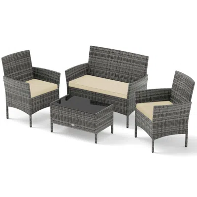 Hivvago 4 Pieces Patio Rattan Conversation Set With Tempered Glass Coffee Table In Gray