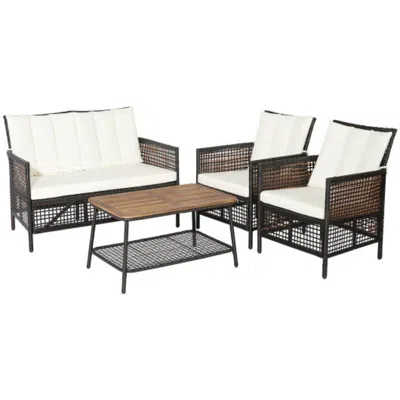 Hivvago 4 Pieces Patio Rattan Furniture Set With 2-tier Coffee Table-white In Burgundy