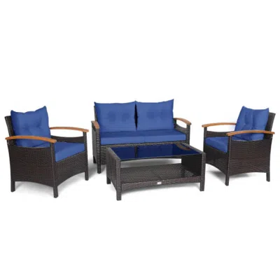 Hivvago 4 Pieces Patio Rattan Furniture Set With Cushioned Sofa And Storage Table-white In Blue