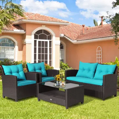 Hivvago 4 Pieces Patio Rattan Furniture Set With Tempered Glass Coffee Table-red In Blue