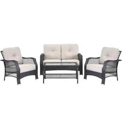 Hivvago 4 Pieces Patio Wicker Furniture Set Loveseat Sofa Coffee Table With Cushion-beige In Multi