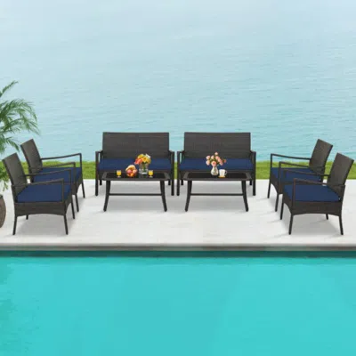 Hivvago 4 Pieces Rattan Conversation Set With Tempered Glass Coffee Table-turquoise In Blue