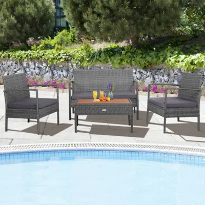 Hivvago 4 Pieces Rattan Patio Conversation Furniture Set With Acacia Wood Tabletop In Gray