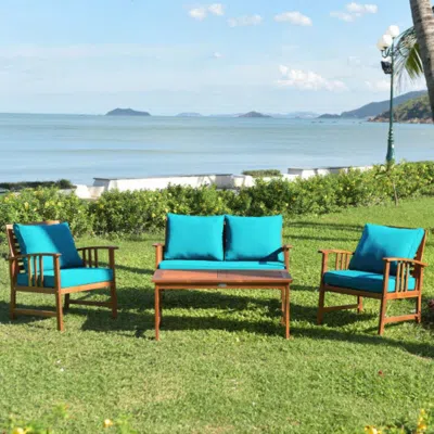 Hivvago 4 Pieces Wooden Patio Furniture Set Table Sofa Chair Cushioned Garden In Blue