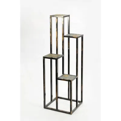 Hivvago 4 Tier Cast Iron Frame Plant Stand With Stone Topping, Black And Gold In Gray