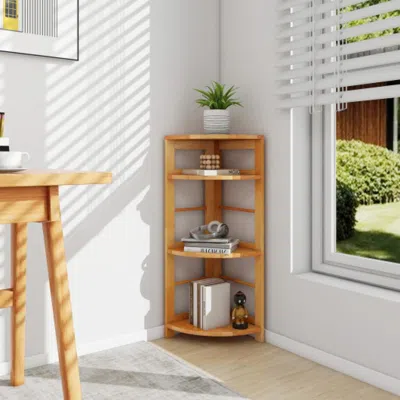 Hivvago 4-tier Corner Shelf With Rubber Wood Frame And Anti-toppling Kit In Neutral