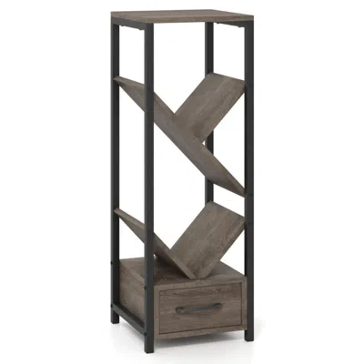 Hivvago 4 Tier Floor Tree Bookshelf With Drawer And Metal Frame-gray In Black