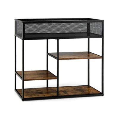 Hivvago 4-tier Industrial Console Table With Wire Basket And Shelf-rustic Brown In Black