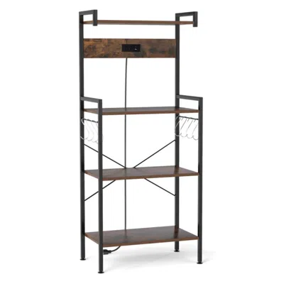 Hivvago 4-tier Kitchen Bakers Rack With Power Outlet And 8 Hooks-rustic Brown