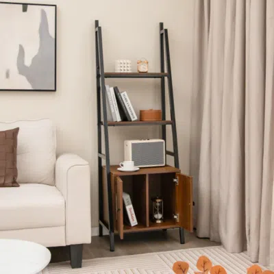 Hivvago 4-tier Ladder Shelf With Cabinet And Metal Frame-rustic Brown