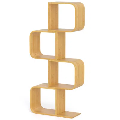 Hivvago 4-tier S-shaped Bamboo Bookcase With 4 Open Cubes For Living Room-natural