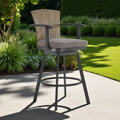 Hivvago 40" Charcoal Metal Swivel Outdoor Counter Height Bar Chair With Footrest In Brown