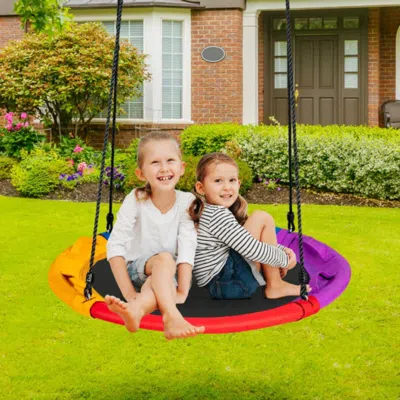 Hivvago 40 Inch Saucer Tree Outdoor Round Platform Swing With Pillow And Handle-multicolor In Blue