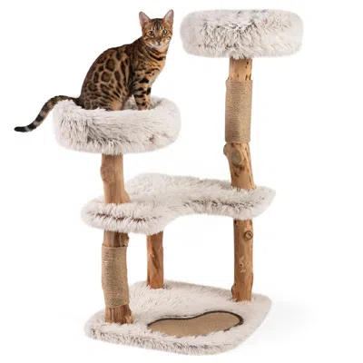 Hivvago 40" Modern Cat Tree Tower With Luxury Real Wood Natural Branch And 2 Padded Perches For Pets In White