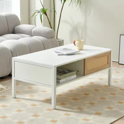 Hivvago 40.16 Inch White Rattan Coffee Table With Sliding Storage Door And Metal Legs