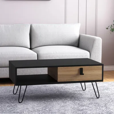 Hivvago 41" Black And Oak Wood And Metal Coffee Table With Drawer And Shelf