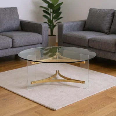 Hivvago 41" Clear And Gold Glass Acrylic And Brass Round Coffee Table In Transparent
