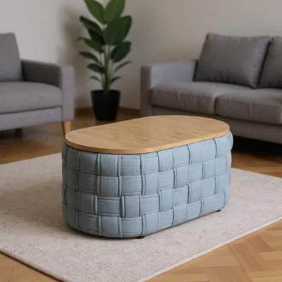 Hivvago 41" Natural And Blue Wood And Woven Fabric Oval Coffee Table