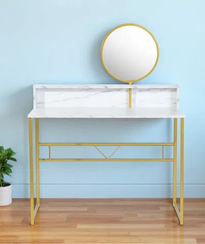Hivvago 41" White And Gold Faux Marble And Steel Vanity Table With Mirror