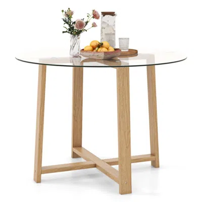 Hivvago 42 Inches Round Glass Dining Table With Tempered Glass Tabletop And Rubber Wood Legs-natural In Brown